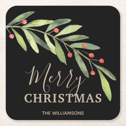 Holly en Berries op zwarte kerst Kartonnen Onderzetters (Voorkant)