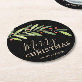 Holly en Berries op zwarte kerst Ronde Kartonnen Onderzetter (Gebogen)