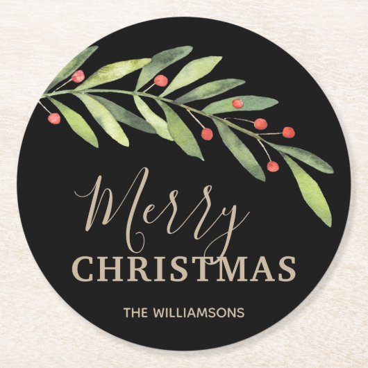 Holly en Berries op zwarte kerst Ronde Kartonnen Onderzetter (Voorkant)