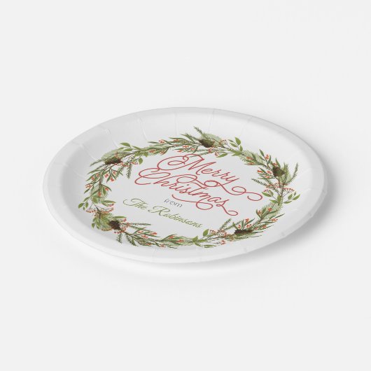 Holly en Berries Pine Merry Kerstmis Papieren Bordje (Gekanteld)