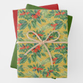 Holly en Berries, rood leder, groene getextureerde Inpakpapier Vel (In situ)
