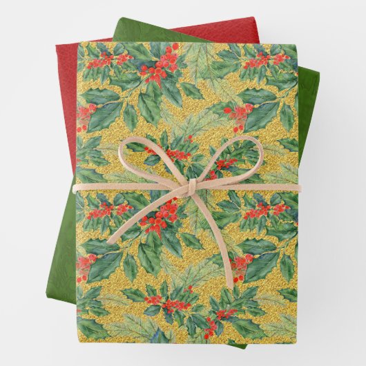Holly en Berries, rood leder, groene getextureerde Inpakpapier Vel (In situ)