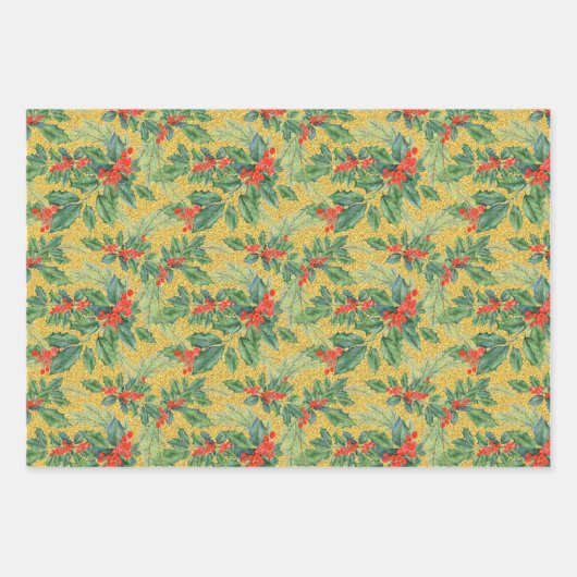 Holly en Berries, rood leder, groene getextureerde Inpakpapier Vel (Voorkant)