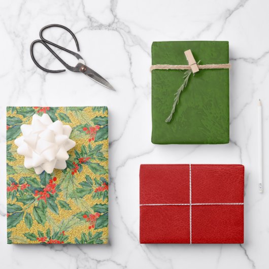 Holly en Berries, rood leder, groene getextureerde Inpakpapier Vel (Voorkant)