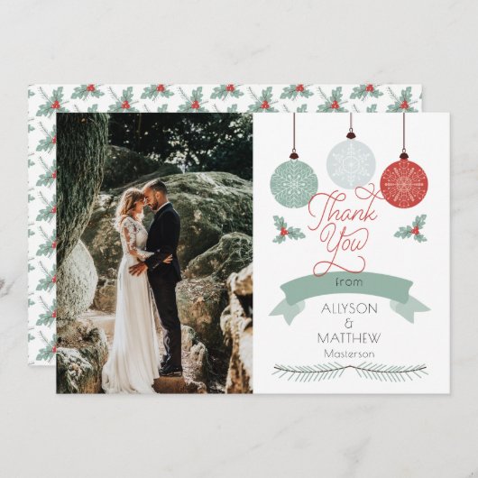 Holly en bessen | Baubles trouwfoto Dank u Bedankkaart (Voorkant / Achterkant)