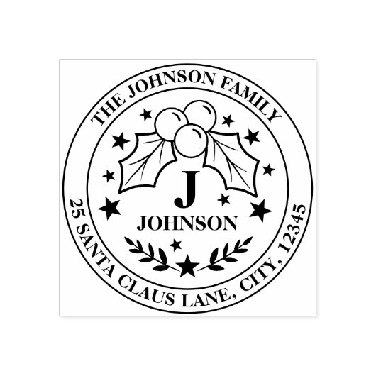 Holly en bessen Kerstmis Monogram + Adres Rubberstempel (Afrduk)