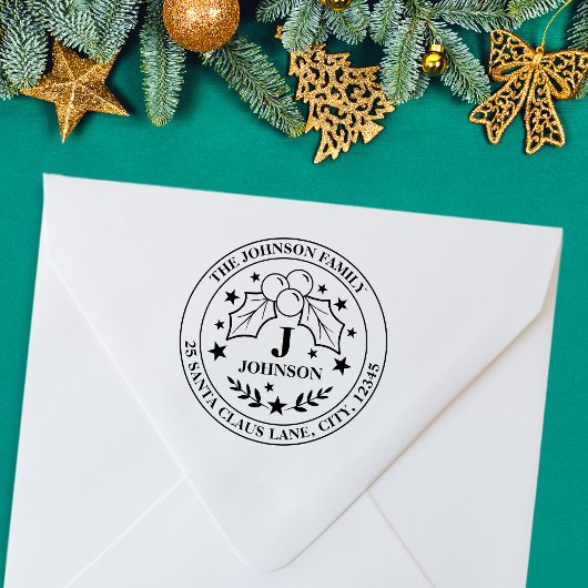 Holly en bessen Kerstmis Monogram + Adres Rubberstempel