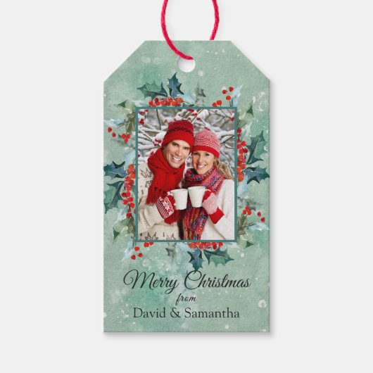 Holly en bessen met uw kerstfoto cadeaulabel (Voorkant)