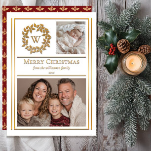 Holly en Bessen Monogram Foto Kerstvakantie Folie Feestdagenkaart
