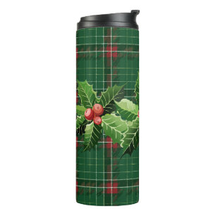 Holly en bessen op groene kerstplakken thermosbeker
