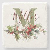 Holly en bessen op maat stenen onderzetter (Voorkant)