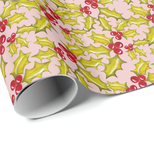 Holly en bessen op roze feestelijke Whimsy Christm Cadeaupapier (Rol Hoek)