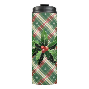 Holly en bessen op wit N Green Christmas Plaid Thermosbeker