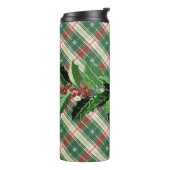Holly en bessen op wit N Green Christmas Plaid Thermosbeker (Gedraaid links)