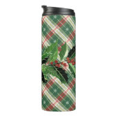 Holly en bessen op wit N Green Christmas Plaid Thermosbeker (Geroteerd rechts)
