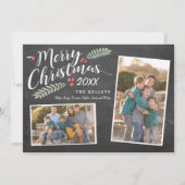 Holly en bessen Prettig kerstfeest Twee foto's Feestdagenkaart (Voorkant)