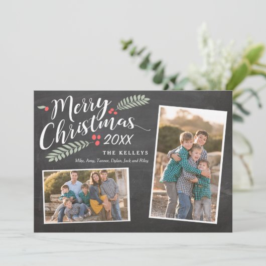 Holly en bessen Prettig kerstfeest Twee foto's Feestdagenkaart (Staand voorkant)