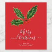 Holly en bessen Vrolijk Kerstfeest & Familienaam Wijn Etiket (Enkel label)