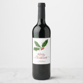 Holly en bessen Vrolijk Kerstfeest & Familienaam Wijn Etiket (Voorkant)