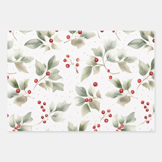 Holly en bessen Waterverf Inpakpapier Vel (Voorkant 3)