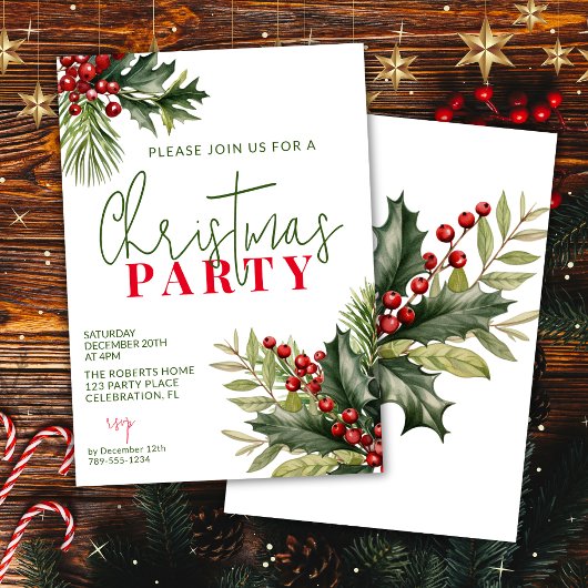 Holly en dennenboom op wit kerstfeest kaart