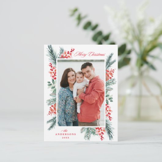 Holly en Evergreen Vrolijk Kerstfeest Foto Feestdagenkaart (Staand voorkant)