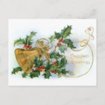 Holly en Gold Bell Briefkaart<br><div class="desc">Gerestaureerde  vakantieillustratie met gouden bel,  hulst,  goudfiligraan en kerstgroeten. Achterzijde is voorzien van complementaire holly graphic met bewerkbare tekstvelden.</div>