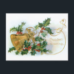 Holly en Gold Bell Briefkaart<br><div class="desc">Gerestaureerde vakantieillustratie met gouden bel, hulst, goudfiligraan en kerstgroeten. Achterzijde is voorzien van complementaire holly graphic met bewerkbare tekstvelden.</div>