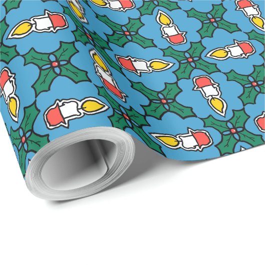 Holly en kaarsen kerstcadeautje: blauw cadeaupapier (Rol Hoek)