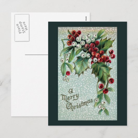 Holly en Mistletoe Vintage Kerstmis Feestdagenkaart (Voorkant / Achterkant)
