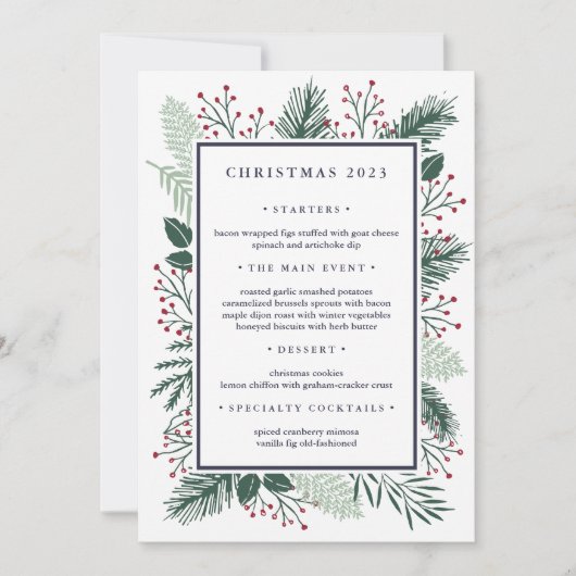 Holly en Pine | Aangepast menu Kerstmis Kaart (Voorkant)