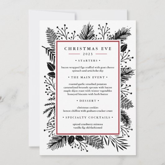 Holly en Pine | Aangepaste kerstavond diner menu Kaart (Voorkant)