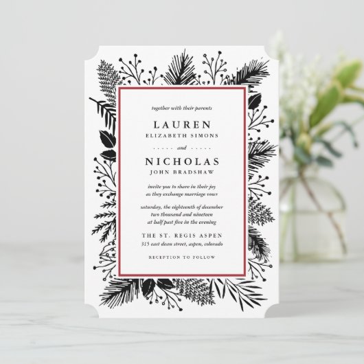 Holly en Pine bruiloft uitnodiging | Cranberry (Staand voorkant)