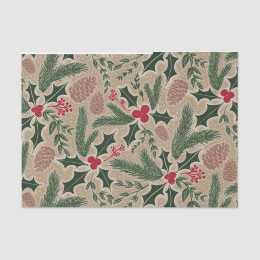 Holly en Pine Cone Evergreen kerstontkoppeling Tissuepapier (Voorkant)
