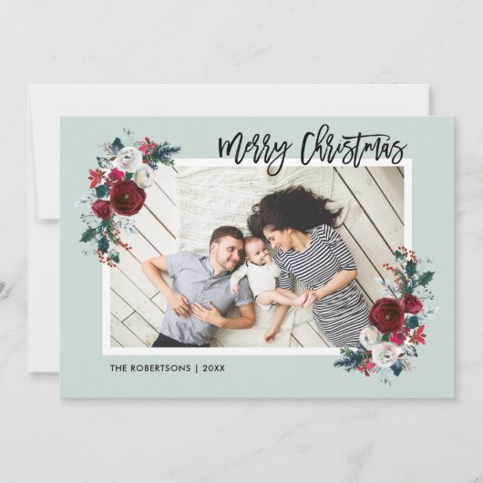Holly en Pine Kerstmis Fotokaart Feestdagenkaart (Voorkant)