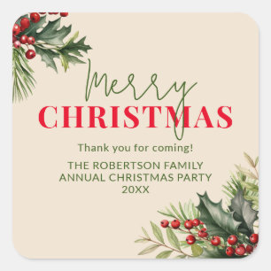 Holly en Pine op Beige Kerst Party Favors Vierkante Sticker