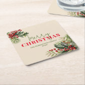 Holly en Pine op Beige Kerstfeest Kartonnen Onderzetters (Schuin)