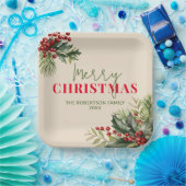 Holly en Pine op Beige Kerstfeest Papieren Bordje (Feest)