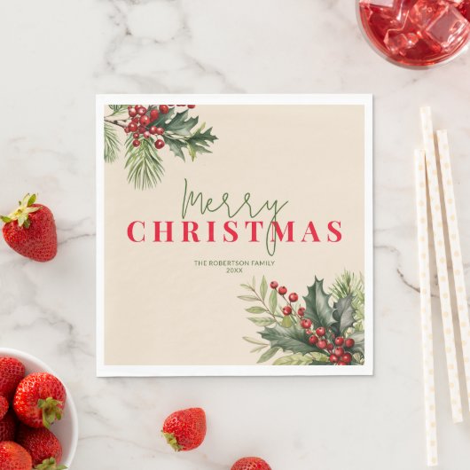 Holly en Pine op Beige Kerstfeest Servet (Insitu)