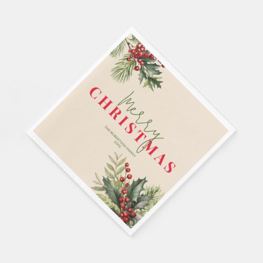 Holly en Pine op Beige Kerstfeest Servet (Hoek)