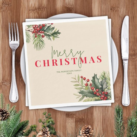 Holly en Pine op Beige Kerstfeest Servet