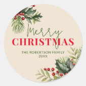 Holly en Pine op Beige Kerstmis Seal Ronde Sticker (Voorkant)
