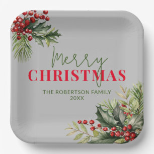 Holly en Pine op Grijs Kerstfeest Papieren Bordje