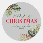 Holly en Pine op Grijze Kerstmis Seal Ronde Sticker (Voorkant)