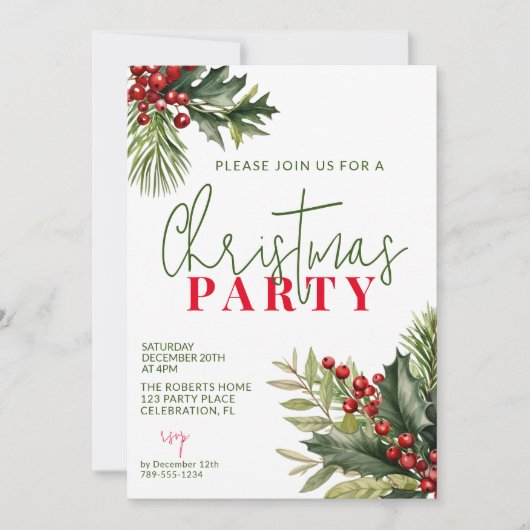 Holly en Pine op Witte Kerstmis Party Kaart (Voorkant)