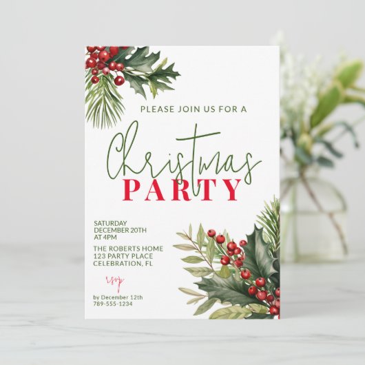 Holly en Pine op Witte Kerstmis Party Kaart (Staand voorkant)