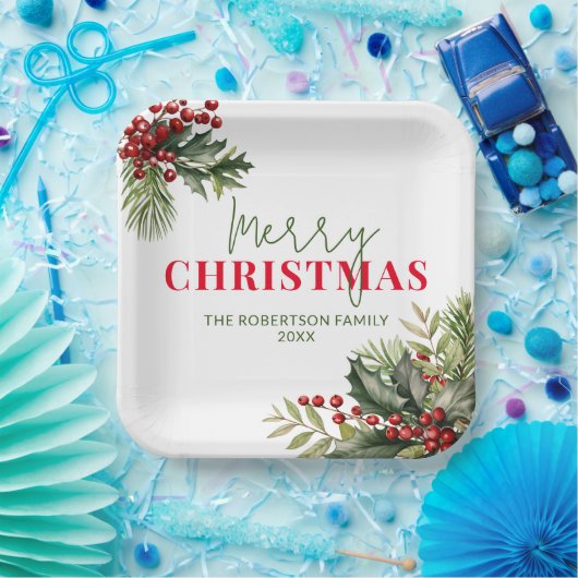 Holly en Pine op Witte Kerstmis Party Papieren Bordje (Feest)