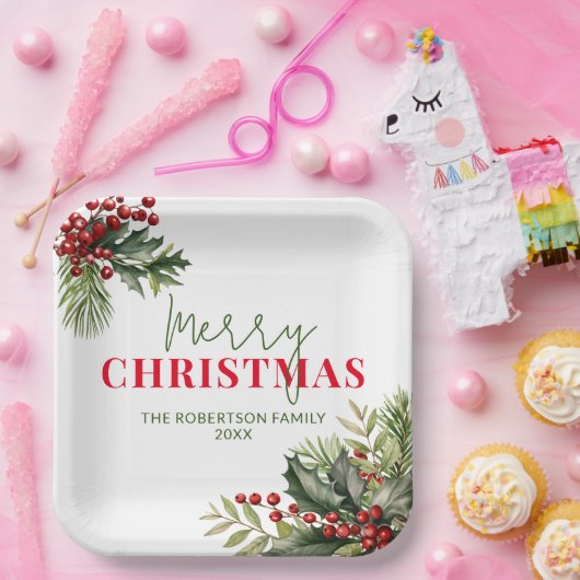 Holly en Pine op Witte Kerstmis Party Papieren Bordje (Feest)