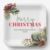 Holly en Pine op Witte Kerstmis Party Papieren Bordje (Voorkant)