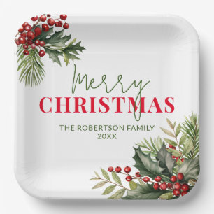 Holly en Pine op Witte Kerstmis Party Papieren Bordje